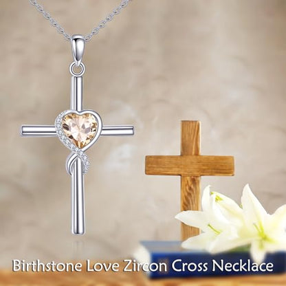 S925 Sterling Silver Cross Necklace for Women Birthstone Necklace Heart Infinity Cross Pendant Necklace Christmas Valentines Day Gifts Birthday Holiday Gifts for Her, 18"+2" Inches - color: 11-Nov Birthstone - Citrine