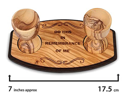 Genuine Olive Wood Communion Set from the Holy Land - 2 Hand-Carved Cups and Engraved Tray "Do This in Remembrance of Me" - Authentic Bethlehem Wood Gift for Pastors & Home Worship - Includes Gift Bag - color: 2 Cup Set [Small, Olive Wood Tray]
