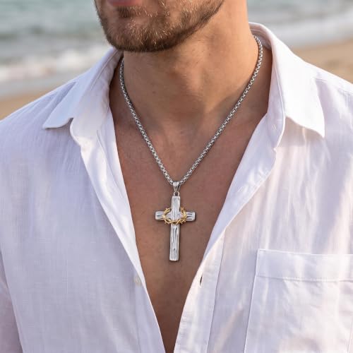 MOOSKI Cross Necklace for Men 316L Stainless Steel Crucifix Jesus 24" Chain - color: Silver-gold