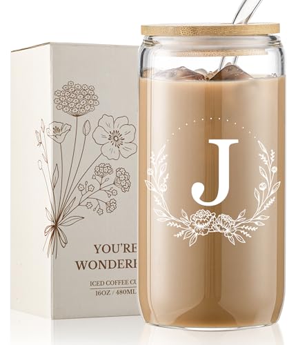 Personalized Gifts for Women, Monogrammed 16oz Glass Cups with Bamboo Lids and Straws, Customized Glass Tumbler, Cute Custom Mug, Customizable Initial Iced Coffee Glasses, Birthday Bridesmaid Mom, J - style: J
