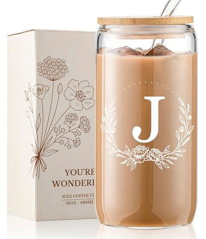 Personalized Gifts for Women, Monogrammed 16oz Glass Cups with Bamboo Lids and Straws, Customized Glass Tumbler, Cute Custom Mug, Customizable Initial Iced Coffee Glasses, Birthday Bridesmaid Mom, J - style: J