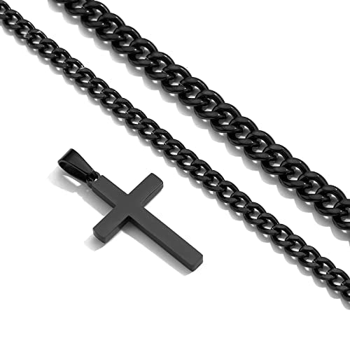 Zocomi Cross Necklace for Men Boys, Stainless Steel Layered Cuban Link Herringbone Chain Cross Pendant Christian Fashion Jewelry Gifts 16-24 Inches - color: Black, size: 20inch/22inch, style: Cuban+Cuban