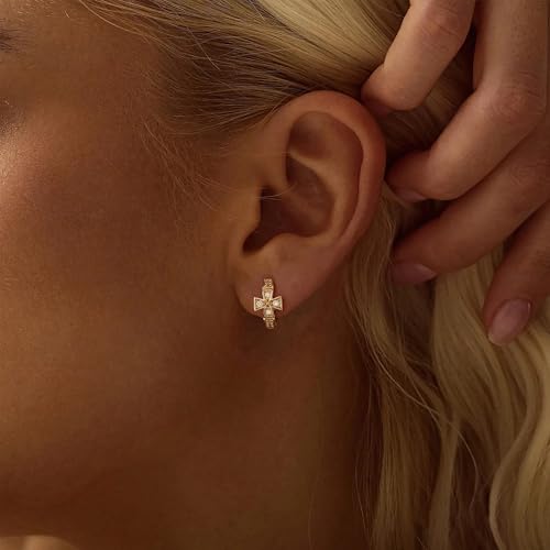 LOYATA Gold Cross Earrings for Women-14K Gold Plated Small Hoop Huggie Earrings Dainty Trendy CZ Cross Hoop Earring Cute Hypoallergenic Hoops Jewelry Gifts for Women Mothers Day Gifts for Mom - color: CZ Style3