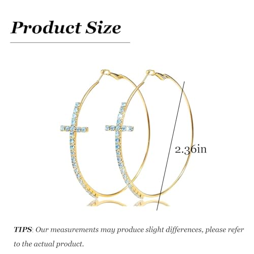 Large Cross Hoop Earrings for Women Sparkly Rhinestone Statement Jewelry for Prom Wedding Party Night Out Accessories Shiny Silver Tone Fashion Dangle Earings - color: Light Blue