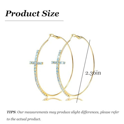 Large Cross Hoop Earrings for Women Sparkly Rhinestone Statement Jewelry for Prom Wedding Party Night Out Accessories Shiny Silver Tone Fashion Dangle Earings - color: Light Blue