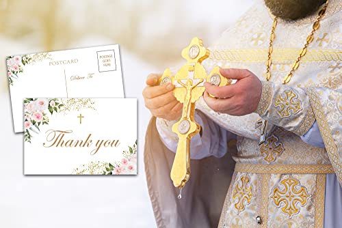 Baptism Thank You Post Cards, Boho Blush Pink Floral Baby Shower Thank You Card, Greenery 1st Communion Religious Christening Ceremony Celebration, Gender Reveal Party Decorations - A04(25 Pack) - style: Boho Blush Pink Floral