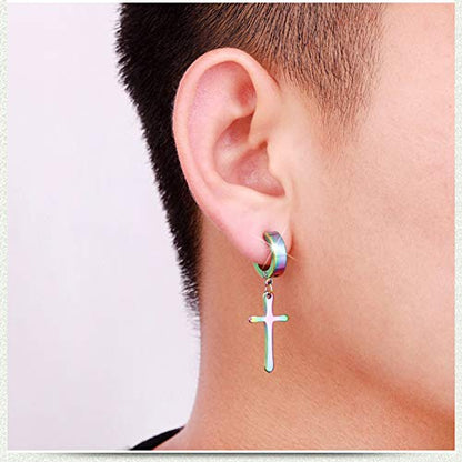 Non-pierced Earrings Set for Men Women Cross Titanium Steel Hoop Dangle Clip On Earring - style: blue
