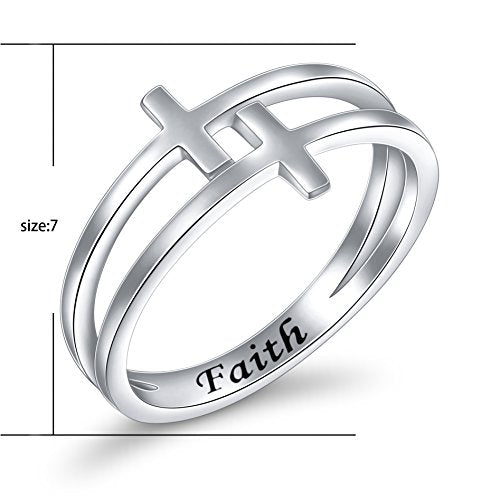 FLYOW Inspirational Jewelry Sterling Silver Engraved Faith Double Cross Ring Christian Fashion Band Ring for Women Mother, Size 5-10