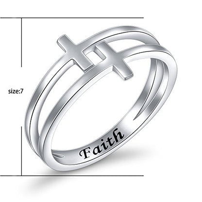 FLYOW Inspirational Jewelry Sterling Silver Engraved Faith Double Cross Ring Christian Fashion Band Ring for Women Mother, Size 5-10