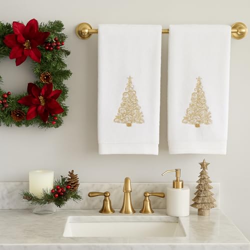 Christmas White Guest Hand Bathroom Towels, Elegant Gold XMas Tree, 16x26" - color: Gold Tree