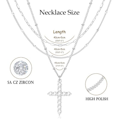 3PCS Gold Silver Layered Necklaces for Women Trendy - color: Silver&Cross