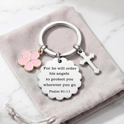 Christian Gifts for Women Girl, Baptism Confirmation Gifts for Teen Girl, Bible Verse Keychain for Birthday Christmas - color: Silver - Psalm 91:11