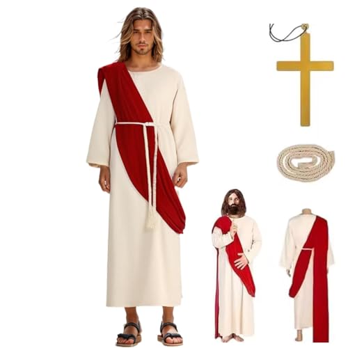Jesus Costume Adult Men Biblical Religious Christ Costume Includes Waist Rope For Disciple Costumes - color: Beige, size: Large