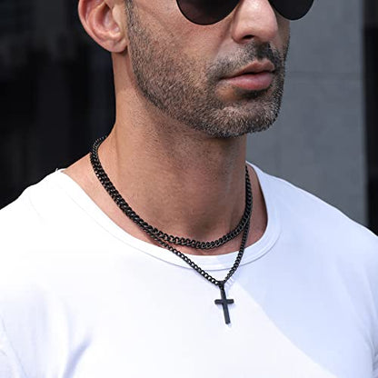 Zocomi Cross Necklace for Men Boys, Stainless Steel Layered Cuban Link Herringbone Chain Cross Pendant Christian Fashion Jewelry Gifts 16-24 Inches - color: Black, size: 20inch/22inch, style: Cuban+Cuban