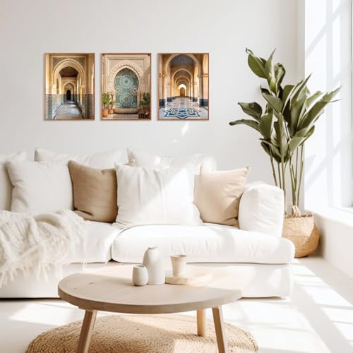 CHDITB Moroccan Arch Framed Canvas Wall Art, Boho Islamic Architecture Wall Decor, Vintage Middle Eastern Palace Doorway Painting, Neutral Beige Blue Art Print for Living Room Bedroom Office 12”X16”x3 - color: Moroccan