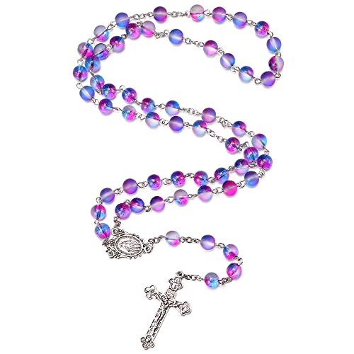 Rnivida Catholic 8MM Colorful Beads Rosary, Rosaries Necklace with Alloy Miraculous Medal and Crucifix Cross - color: Purple