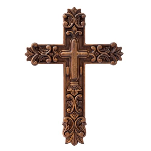 Handcrafted Wooden Wall Cross with Ornate Lily Flower Carved Design - size: 14"L x 10"W