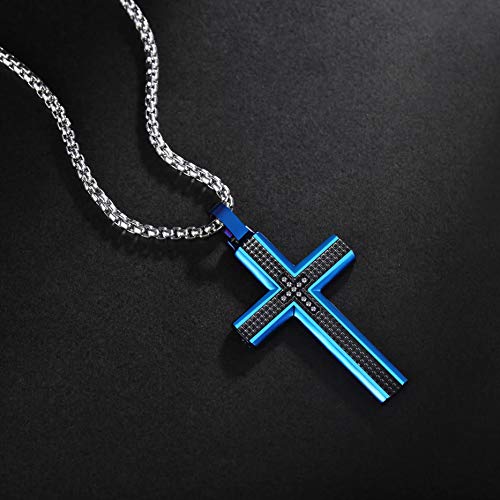 Men's Stainless Steel Cross Necklace,Two-Tone Black & Blue Carbon Fiber Pendant - Included Gift Box - style: Black & Blue XL002