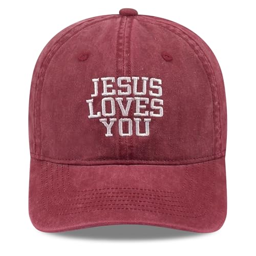 Inspirational Christian Baseball Cap, Adjustable Embroidered Cotton Hat for Men Women Dad Hat Gifts for His Her - color: Jesus Loves You - Wine Red