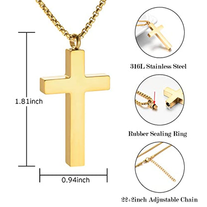 Dletay Cremation Necklace for Ashes Stainless Steel Cross Pendant Urn Necklace Memorial Keepsake Jewelry for Men Women - color: Gold-Custom