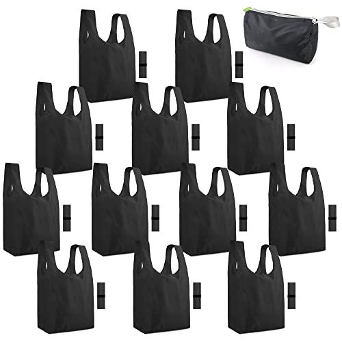 BeeGreen Black Reusable Grocery Bags Shopping Bags for Groceries 12 Pack Heavy Duty - Foldable Polyester Grocery Totes with Handles and Zipper Bag, Large Travel Washable Holiday Tote Bag Bulk - color: Black