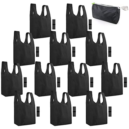 BeeGreen Black Reusable Grocery Bags Shopping Bags for Groceries 12 Pack Heavy Duty - Foldable Polyester Grocery Totes with Handles and Zipper Bag, Large Travel Washable Holiday Tote Bag Bulk - color: Black