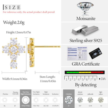 Moissanite Cross Earrings Sterling Silver Cross Stud Eearrings D Color VVSI Moissanite Stud Earrings Crucifix Jewelry Gift - color: Gold-1.02CT