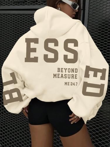 Christian Hoodies Women Blessed Sweatshirts Jesus Religious Sayings Sweater - color: Apricot, size: X-Large