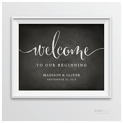 Andaz Press Personalized Wedding Party Signs, Vintage Chalkboard Print, 8.5-inch x 11-inch, Welcome to Our Beginning, 1-Pack, Custom Made Any Name - color: Welcome to Our Beginning