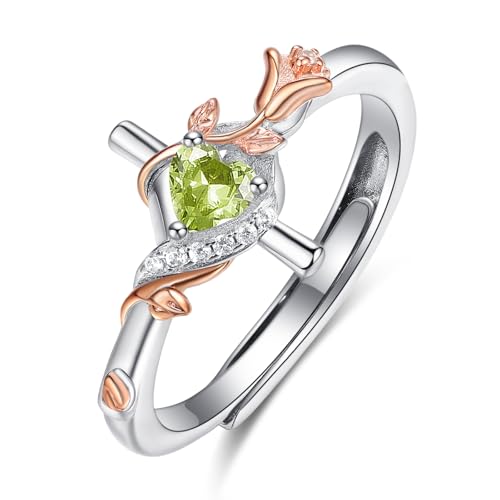 Birthday Gifts Birthstone Rings for Women 925 Sterling Silver Birthstone Rings Anchor/Tree of Life/Snake/Rose Cross Faith Religous Jewelry Gift for Wife Mom Grandma - color: 08-Peridot (C), style: Rose Cross