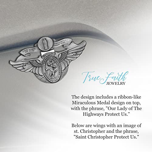 True Faith Jewelry Pewter Winged Miraculous Mary and St Christopher Visor Clip for Car, Patron Saint of Travelers, Gift for New Driver, Fine Pewter (92% Tin), 2 x 3 Inch - size: St. Christopher 3