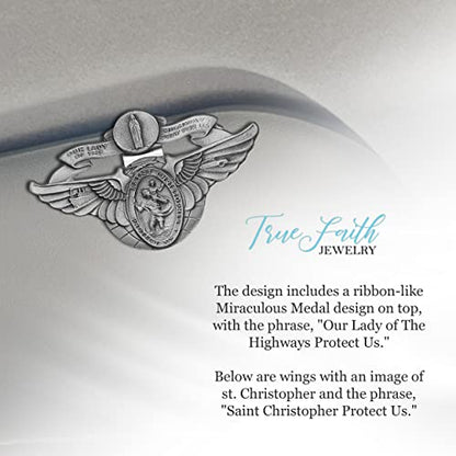 True Faith Jewelry Pewter Winged Miraculous Mary and St Christopher Visor Clip for Car, Patron Saint of Travelers, Gift for New Driver, Fine Pewter (92% Tin), 2 x 3 Inch - size: St. Christopher 3