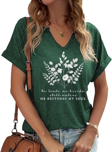 Earlymemb Womens Vintage Flowers V Neck Shirt Boho Floral Wildflowers Graphic Tee Casual Cottagecore Short Sleeve T Shirt - color: T-green, size: Large