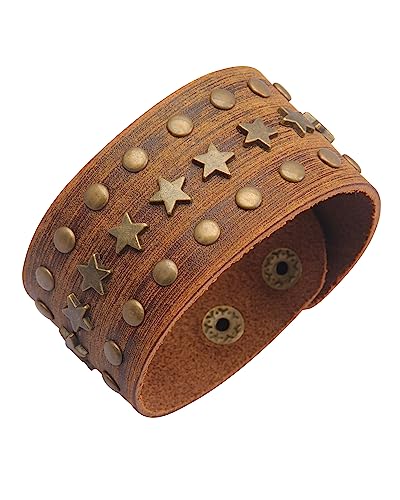 GelConnie Leather Cuff Bracelet Punk Braided Bracelets Rock Leather Wristbands Faux Mens Leather Bracelet Gothic Viking Bangle Adjustable Wrap Bracelet for Women,Men - color: Brown Star Leather Bracelet
