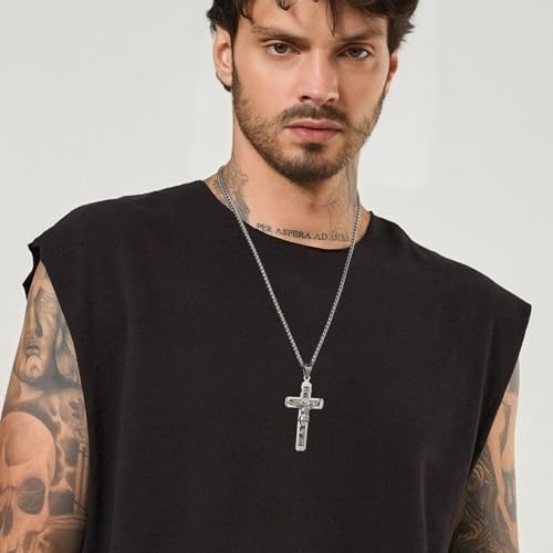 HZMAN Catholic Jesus Christ INRI Cross Crucifix Pendant Necklace for Men - color: Silver