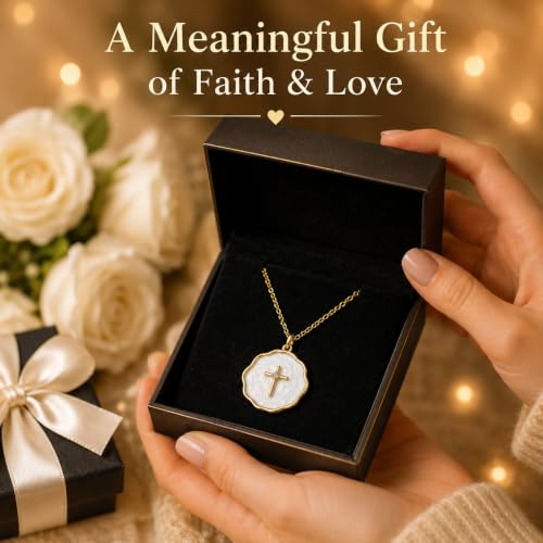 Enamel Cross Necklace for Women 18K Gold Plated Christian Pendant - color: White-Gold