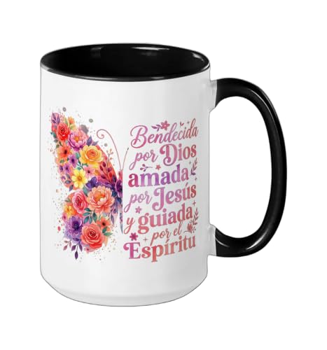 Bendecida Por Dios Amada Por Jesus Christian Spanish Floral Ceramic Mug, Black/White, 15oz - color: Black/White, size: 15 Ounces