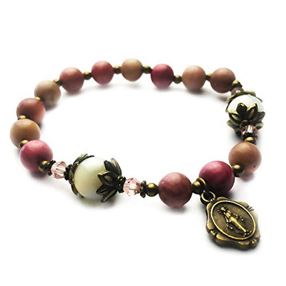 Pink Rhodonite and Mother of Pearl Stone Catholic Rosary Bracelet for Women with Virgin Mary Our Lady of Graces Medal Charm - Catholic Gifts Women