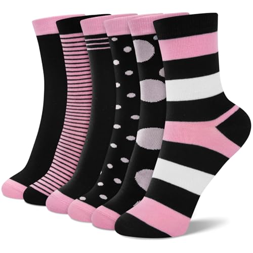 6 Pairs Crew Socks for Women, Soft Cute Funny Cotton Socks - color: Pink Noir