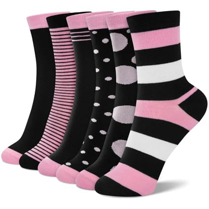 6 Pairs Crew Socks for Women, Soft Cute Funny Cotton Socks - color: Pink Noir