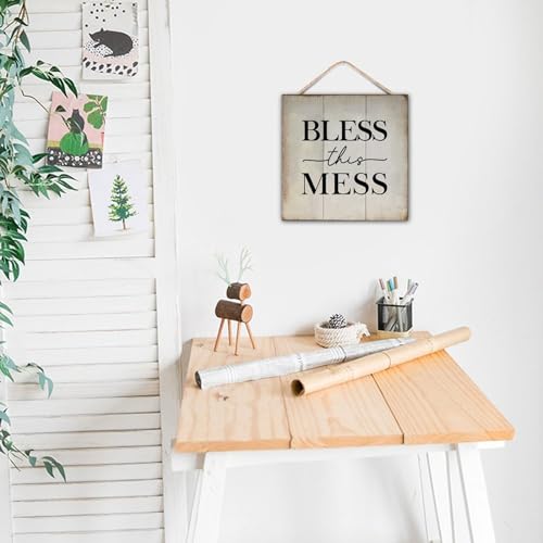 Bless This Mess Wood Plaque Funny Bible Verse Hanging Wooden Sign Custom Wooden Sign for Home Bedroom Living Room Wooden Poster 12x12 Inch Christian Religious Gifts - color: Log color-style-6