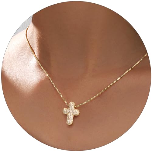 Partm Gold Cross Necklace for Women 14K Plated Dainty Pendant Cross Chain Faith Crucifix Choker Baptism Necklace for Women Trendy Religious Jewelry Hypoallergenic - color: Bubble Cross - Medium