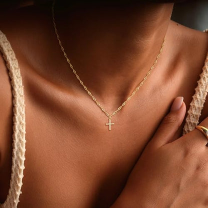 Cross Necklace For Women,14K Gold Plated Small Dainty Colorful Beaded Cubic Zirconia Diamond Double Layered Cross Pendant Choker Necklaces For Women,Christian Easter Religious Jewelry Gifts - style: Twist Chain Small CZ Cross-Gold