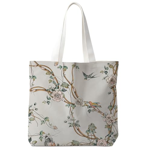 Christian-Flowers-Inspirational Motivational Gifts Canvas Tote Bag for Women,Reusable Shopping Grocery Bags - color: Floral-vintage Floral Bird