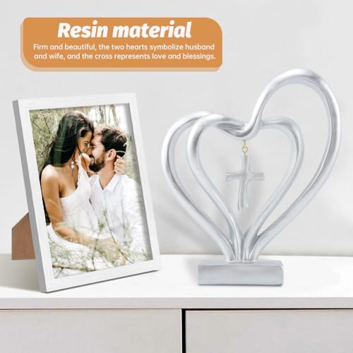 Double Heart Sculpture, Romantic Resin Sculpture of Two Hearts and Cross for Table Shelf Ornaments, Double Heart Figurines for Valentines Anniversary Wedding Couple Gift(COLOR:silver)