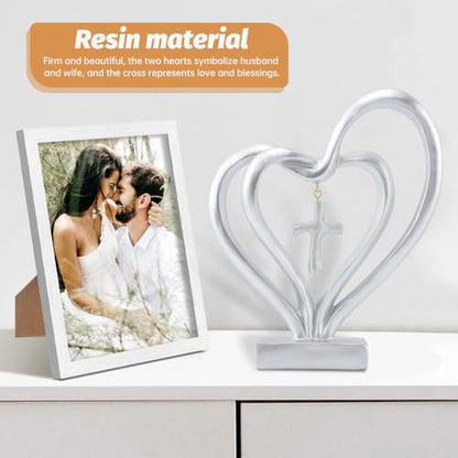 Double Heart Sculpture, Romantic Resin Sculpture of Two Hearts and Cross for Table Shelf Ornaments, Double Heart Figurines for Valentines Anniversary Wedding Couple Gift(COLOR:silver)