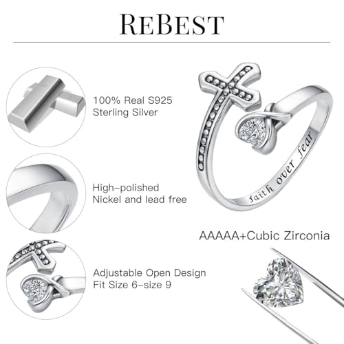 Sterling Silver Open Adjustable Ring Wrap Stack Statement Jewelry Gift - color: Faith Over Fear