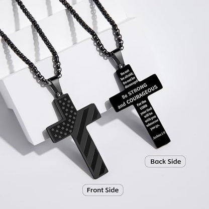American Flag Cross Necklace for Men, Christian Confirmation Baptism Gifts - color: Black, style: Joshua 1:9