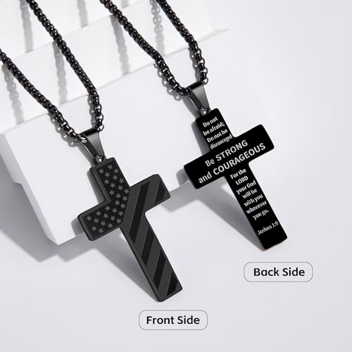 American Flag Cross Necklace for Men, Christian Confirmation Baptism Gifts - color: Black, style: Joshua 1:9