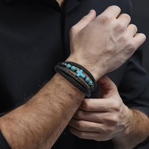 Men's Leather & Lapis/Onyx/Turquoise/Tiger Eye Cross Bracelet - Braided Christian Jewelry for Men, 8.3" & 9.1" Sizes - color: Turquoise, size: 9.1in(Fits larger wrists)